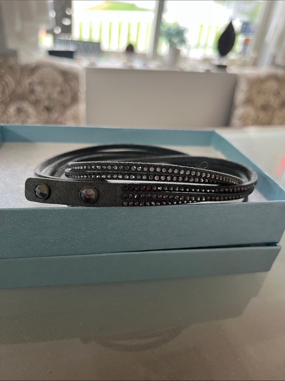 Soft Black Crystal-Embellished Wrap Bracelet